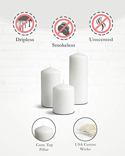 Elegant White Pillar Candles - Set of 3 - 3"x4", 3"x6", 3"x8" - Smokeless & Dripless