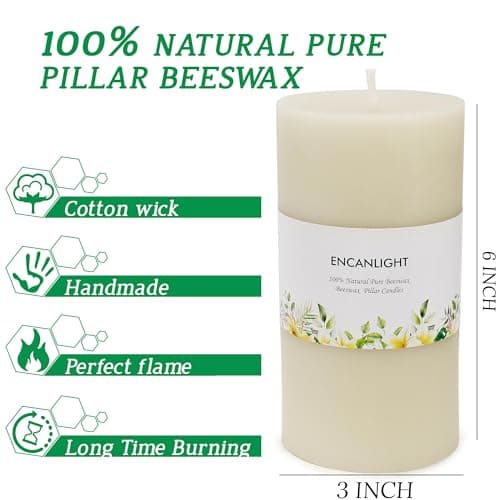 White Ivory Beeswax Pillar Candles, 6" Set of 2, Unscented, Smokeless, Dripless