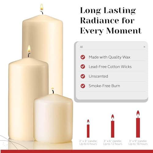 Parnoo Ivory Pillar Candles Set of 3 - Dripless Unscented Decorative Candles