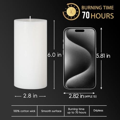 3 Packs 2.8x6 Inch White Pillar Candles, Unscented - 70 Hour Burn Time