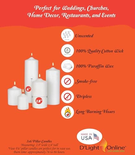D'light 3x6 Inch Pillar Candles Set of 12 Ivory Bulk