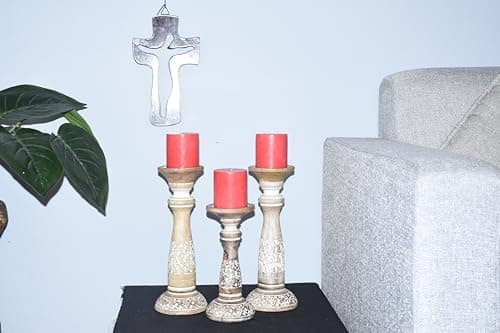 Handmade Mango Wood White Wash Set of 3 Pillar Candle Holders