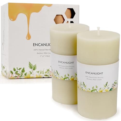 White Ivory Beeswax Pillar Candles, 6" Set of 2, Unscented, Smokeless, Dripless
