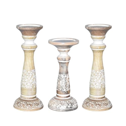 Handmade Mango Wood White Wash Set of 3 Pillar Candle Holders