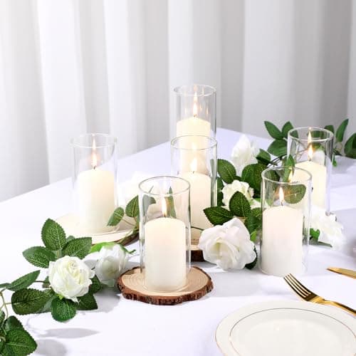 6-Pack Open-Ended Hurricane Candleholders with Pillar Candles & Bottomless Glass Shades in Clear Cylinder ChimneyTube