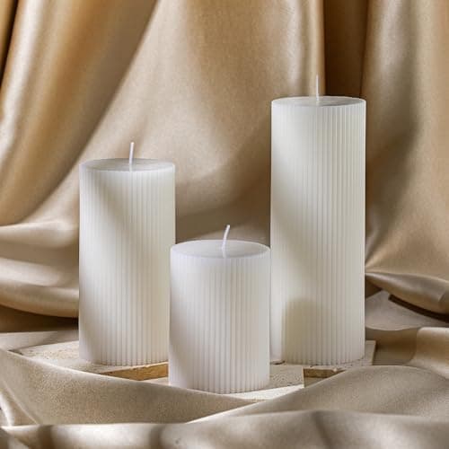 3-Pack Aesthetic Ribbed Soy Wax Candles, White, 3" to 8" High for Home Decor