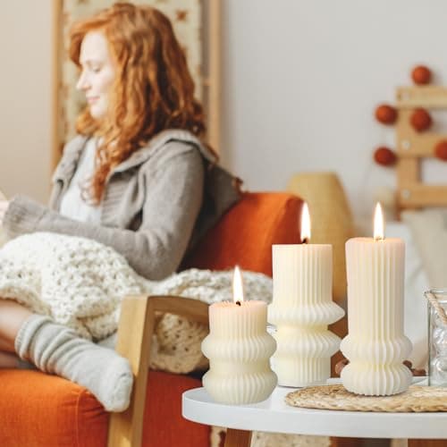 MTLEE Ribbed Pillar Candles for Modern Home Decor