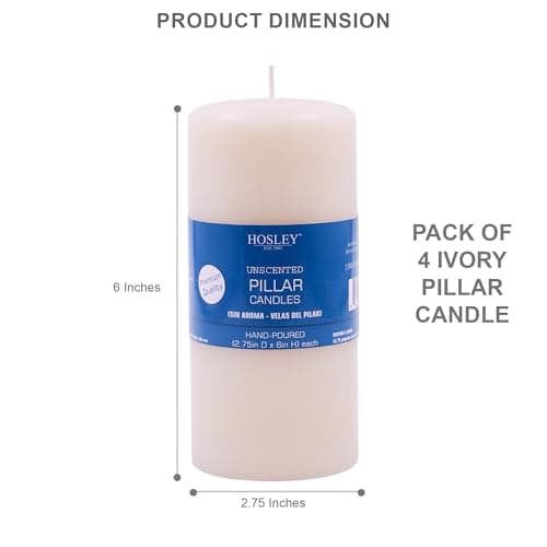 Hosley Ivory Unscented 6" Pillar Candle Set of 4, Long-Burning Hand-Poured
