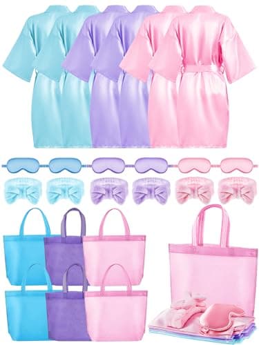 24 Pcs Sleepover Party Supplies for Girls: Spa Party Robes, Tote Bags, Headbands, and Masks