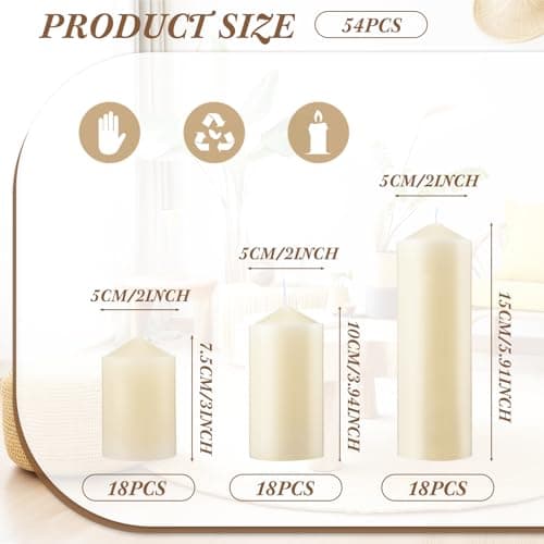 Bulk Set of 54 Ivory Pillar Candles for Home Events.