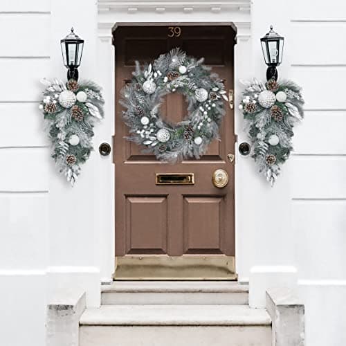 Stunning 24 Inch Silver White Pre-Lit Teardrop Swag with 20 LED Lights for Outdoor Xmas Decorating