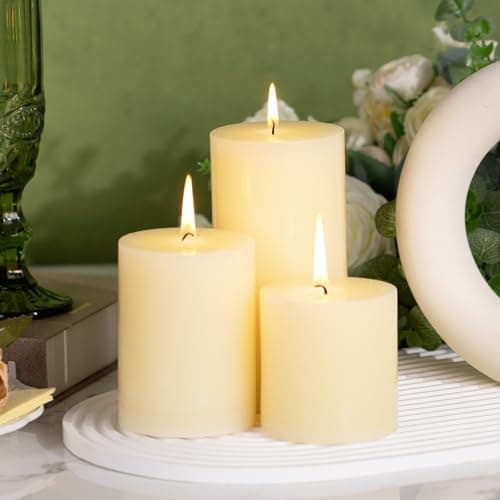 KONNI Ivory Pillar Candles Set of 3, 30-Hour Long-Burning Smokeless&Dripless
