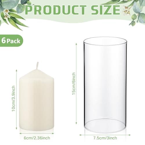 6-Pack Open-Ended Hurricane Candleholders with Pillar Candles & Bottomless Glass Shades in Clear Cylinder ChimneyTube