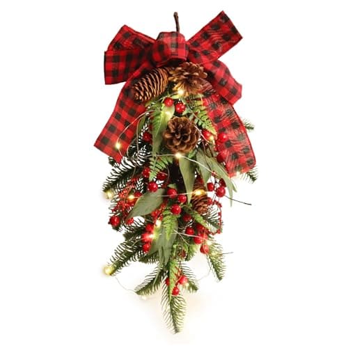RECUTMS Christmas Teardrop Swag with Pine Leaves and Red Berries