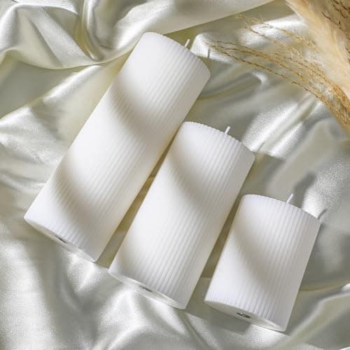3-Pack Aesthetic Ribbed Soy Wax Candles, White, 3" to 8" High for Home Decor