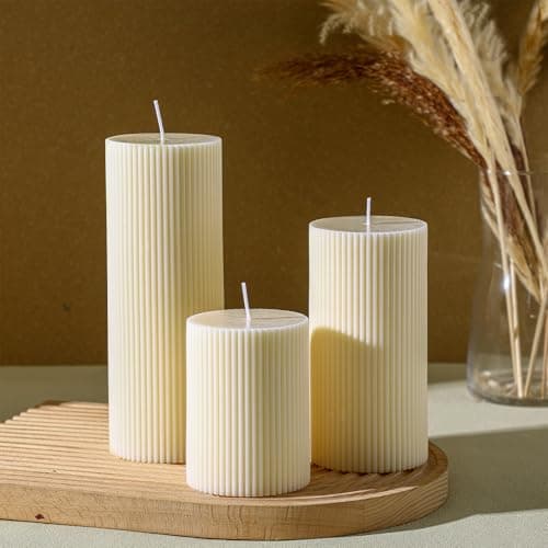 3-Pack Aesthetic Ribbed Soy Wax Candles, White, 3" to 8" High for Home Decor