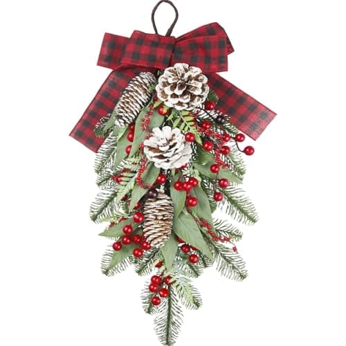 CISDUEO Red Berry & Pinecone Christmas Teardrop Swag for Front Door