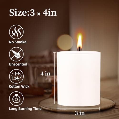 KONNI White Pillar Candles Set of 3, 3.5"x4", Long Burning Bulk