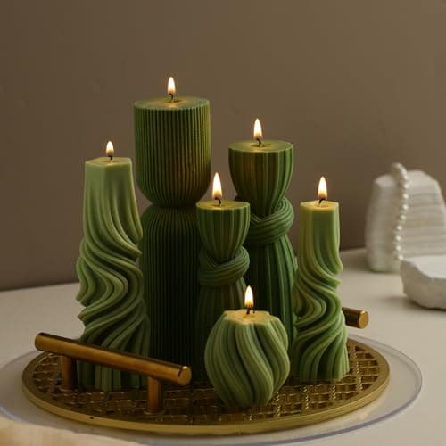 Modern Aesthetic Ribbed Soy Wax Pillar Candles Set (Green, 2.36-6.89 Inch)