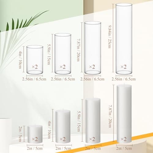 Shihanee Set of 8 Pillar Candles & Glass Vases for Home Decor (White)