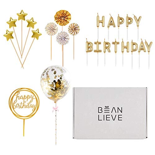 BEAN LIEVE Gold Birthday Candles Confetti Balloon Stars & Cupcake Toppers 12PCS Celebration Decor