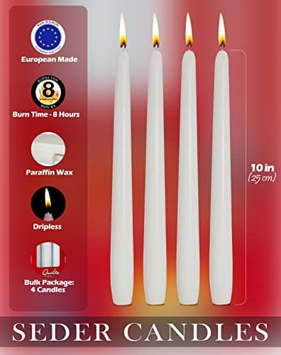 Passover Seder Candles - 8 Hour Burn Time - European Made - Pack of 4 Taper Candles