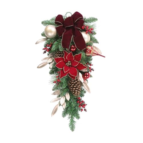SHACOS 30" Christmas Teardrop Swag - Red Poinsettia & Accents
