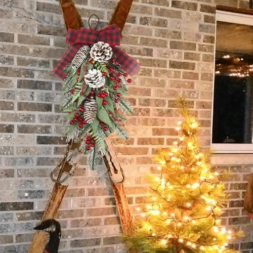 CISDUEO Red Berry & Pinecone Christmas Teardrop Swag for Front Door