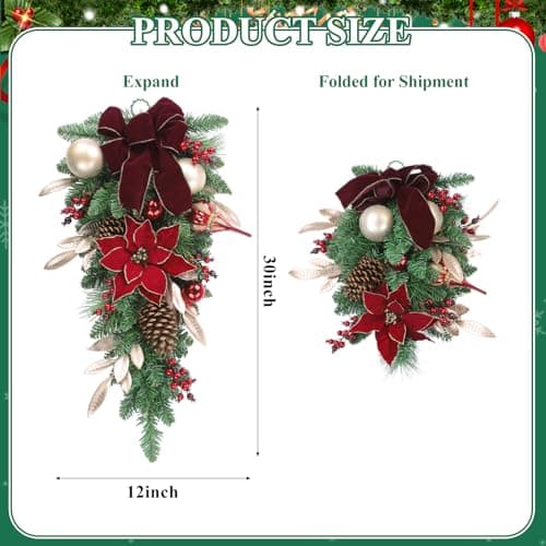 SHACOS 30" Christmas Teardrop Swag - Red Poinsettia & Accents