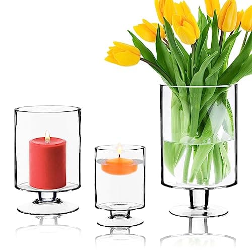 CYS EXCEL 3 PCS Glass Hurricane Candle Holders | Stemmed Cylinder Vases