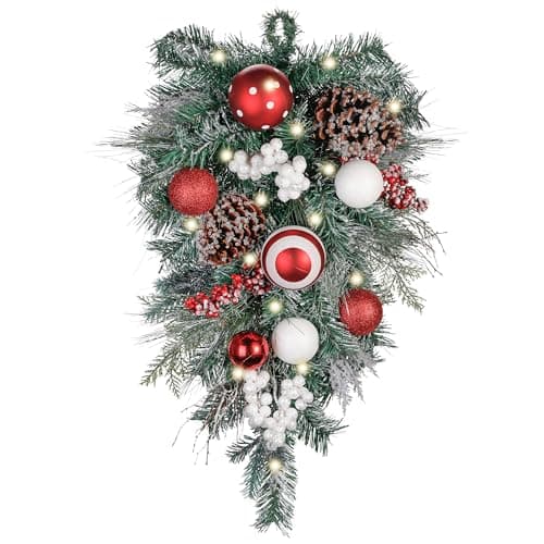 Red & White 24 Inch Pre-Lit Teardrop Swag for Mailbox Xmas Decor with 20 LED Lights