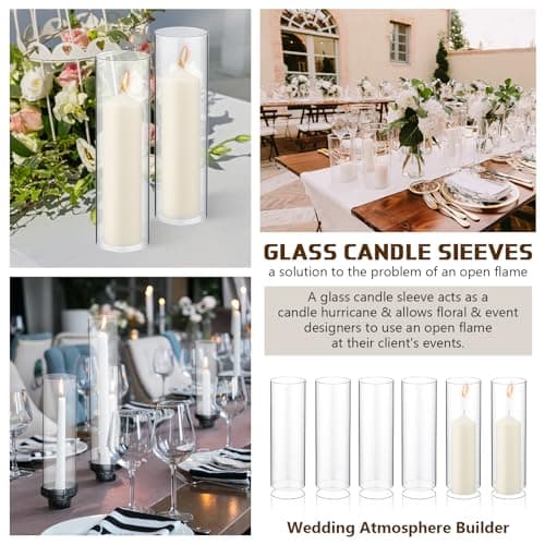 Yaomiao 6 Set Clear Glass Hurricane Candle Holders with Unscented Pillars (2.5 x 8 Inch)