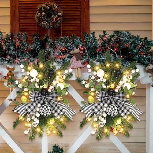 Hotop Black & White Prelit Teardrop Christmas Wreaths Staircase Decoration