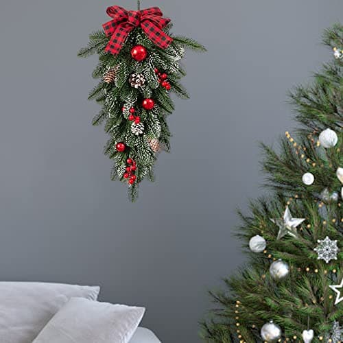 Red 2Pcs Christmas Teardrop Wreath Garland Ornament Pine Cone Decor (21in)
