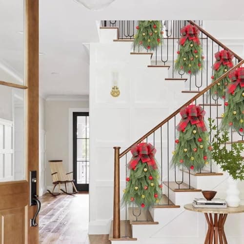 2Pcs Red Bow Christmas Teardrop Swag Garland, DIY Holiday Wall Decor