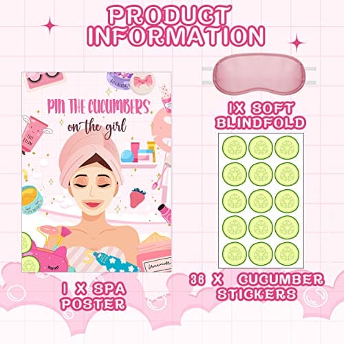 Spa Party Games: 38 Pieces Pin The Cucumbers on The Girl Spa Stickers Poster with Blindfolds for Kids, Women Spa Birthday Party Supplies