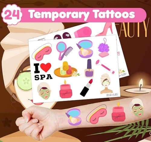 36PCS Spa Party Favors: 24 Temporary Tattoos + 12 Stamps for Makeup Sleepovers & Birthday Decorations