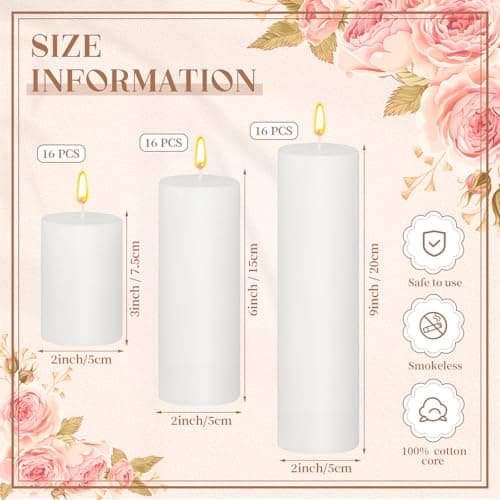 MTLEE 48-Piece Assorted Pillar Candle Set - Dripless, Unscented, Smokeless (3, 6, 8) for Weddings, Holidays, Restaurants, and Home Decor