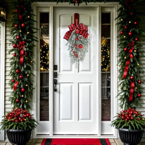 Red Bow Teardrop Ornament Winter Swag for Outdoor Front Door Decor