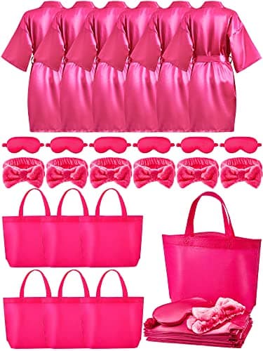 24 Pcs Sleepover Party Supplies for Girls: Spa Party Robes, Tote Bags, Headbands, and Masks