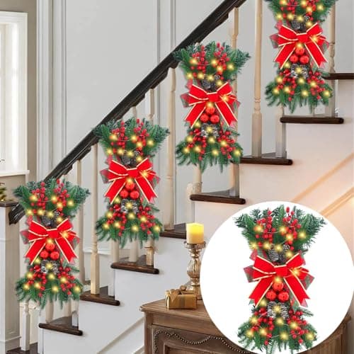 24" Prelit Artificial Christmas Teardrop Swag Hanging Wreath for Home Garden Decor