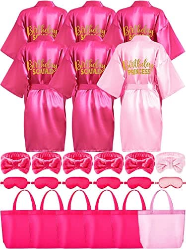 Sintuff 24 Pcs Kids Spa Party Supplies: 6 Robes, 6 Tote Bags, 6 Headbands, 6 Masks for Girls