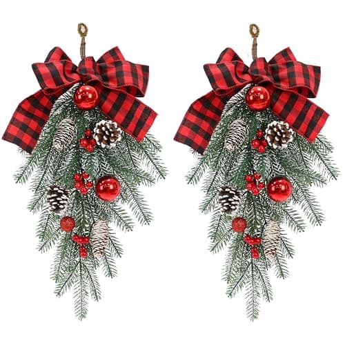 Red Bow Teardrop Ornament Winter Swag for Outdoor Front Door Decor