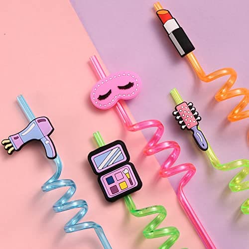 Reusable Pink Plastic Straws for Kids Spa Birthday Party Favors with Cleaning Brushes