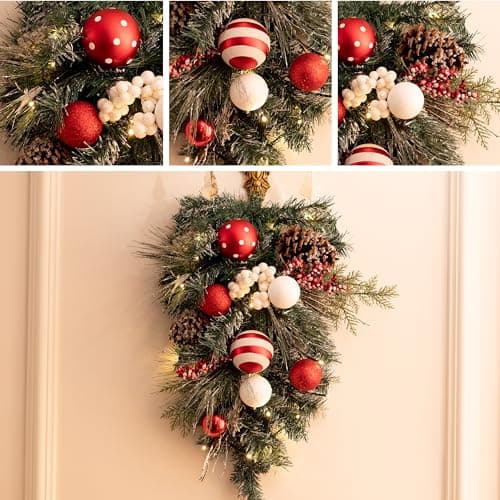 Red & White 24 Inch Pre-Lit Teardrop Swag for Mailbox Xmas Decor with 20 LED Lights