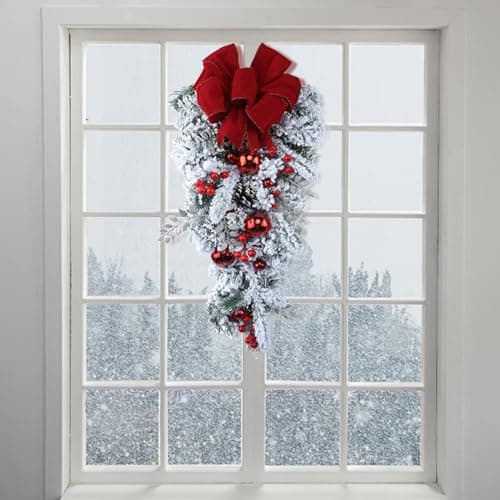 Christmas Teardrop Swags with Red Velvet Big Bowknot for Holiday Decor