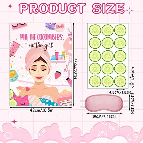 Spa Party Games: 38 Pieces Pin The Cucumbers on The Girl Spa Stickers Poster with Blindfolds for Kids, Women Spa Birthday Party Supplies