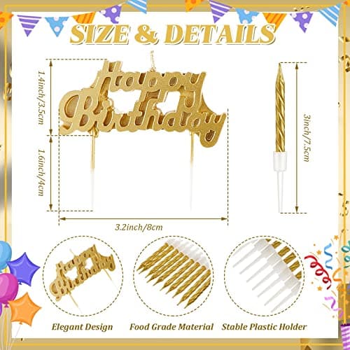 MTLEE Gold Happy Birthday Thin Spiral Candles Topper for Cake Decoration Party Supplies