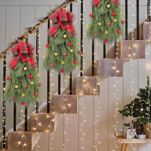 2Pcs Red Bow Christmas Teardrop Swag Garland, DIY Holiday Wall Decor