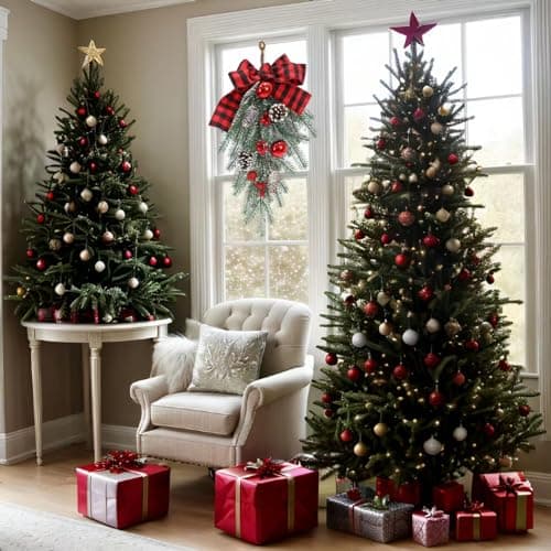 Red Bow Teardrop Ornament Winter Swag for Outdoor Front Door Decor